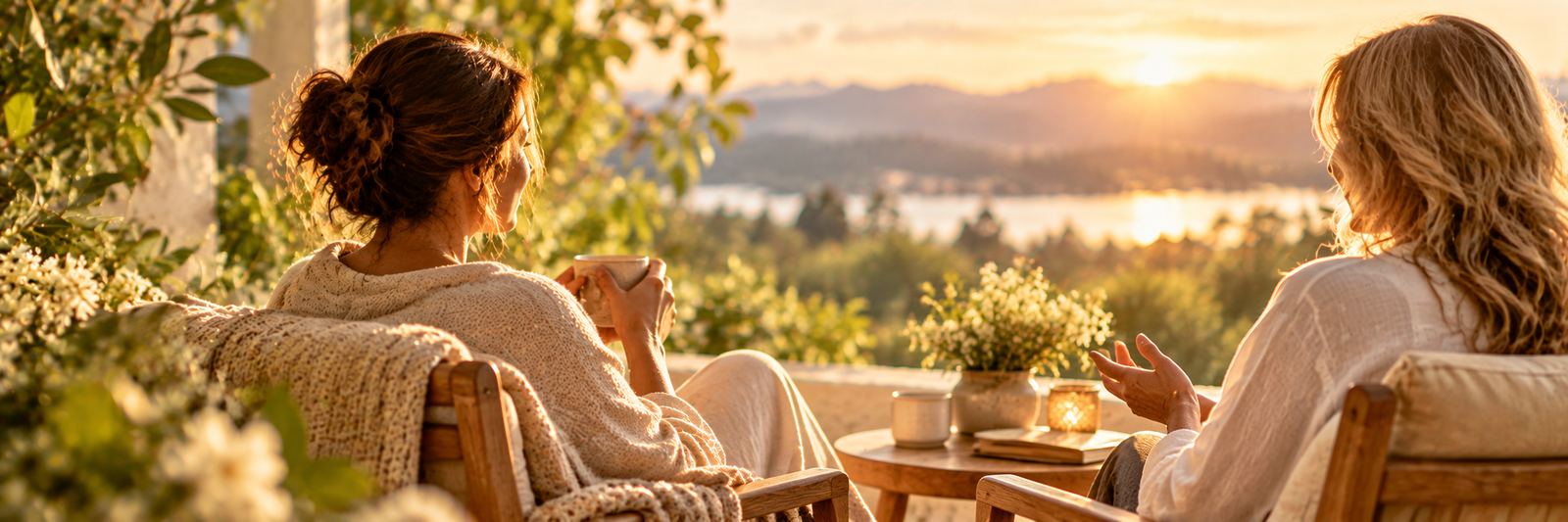 Two women talking over tea on a sunny terrace