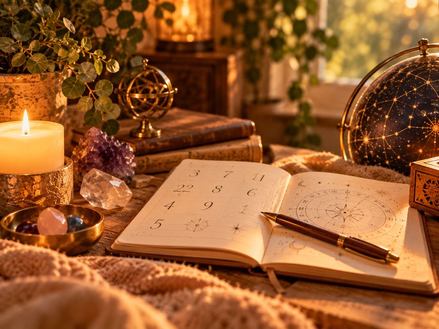 Notebook of soul numbers beside a star globe – Soul Numbers and Personal Activation with Amanda Brooks